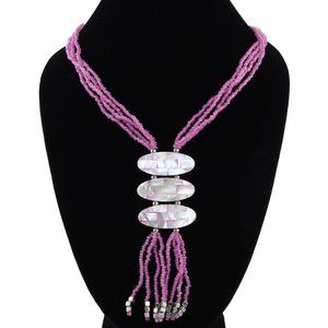 Mother of Pearl Pink Seed Beaded 3 Strand Tassels Necklace Jewelry 22" B459